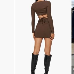 Princess Polly Nolan Brown Square Neck Mini Dress, Back Cut Out, Fitted, Size